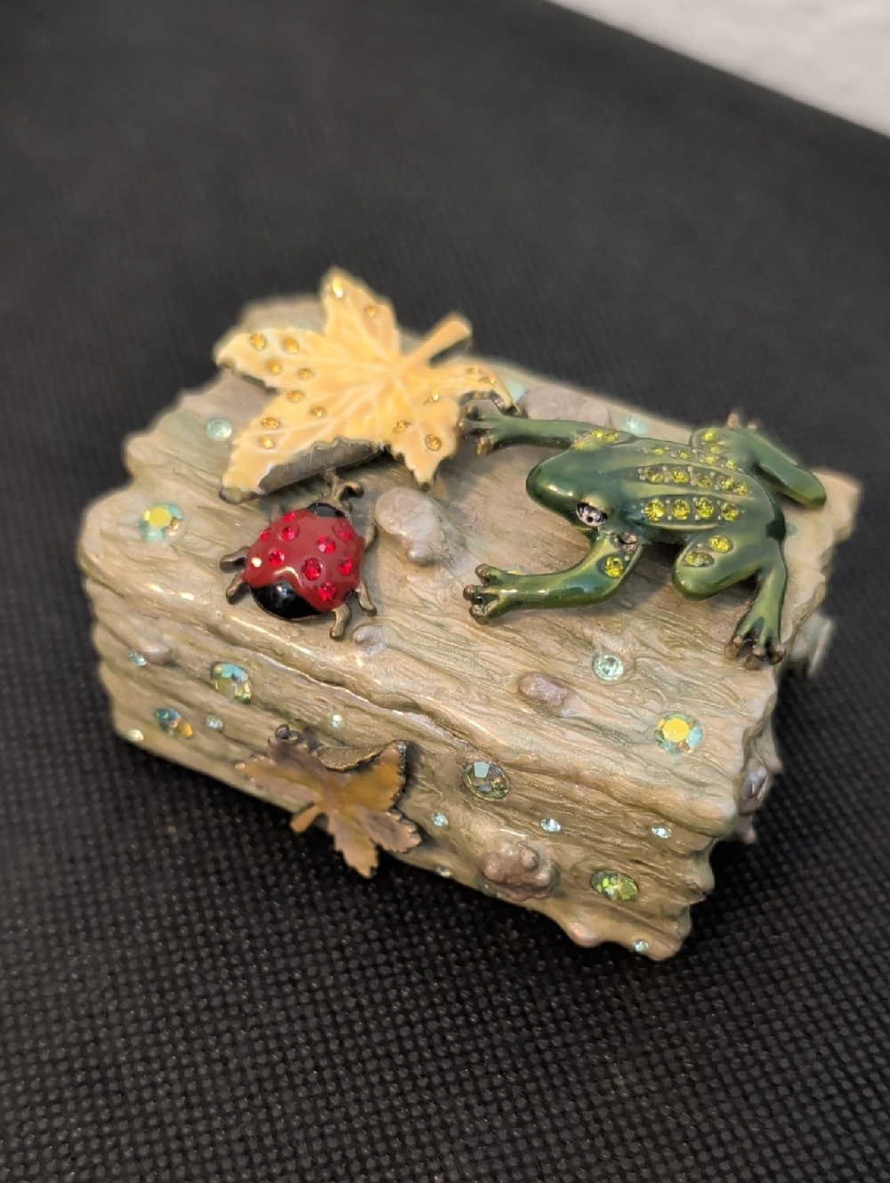 Vintage Rucinni Green Frog & Red Ladybug Trinket Box w/ Crystals